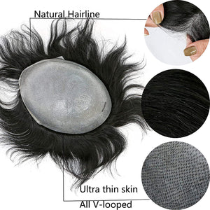 Omar 1B Black Wavy 100% European Human Hair Toupee