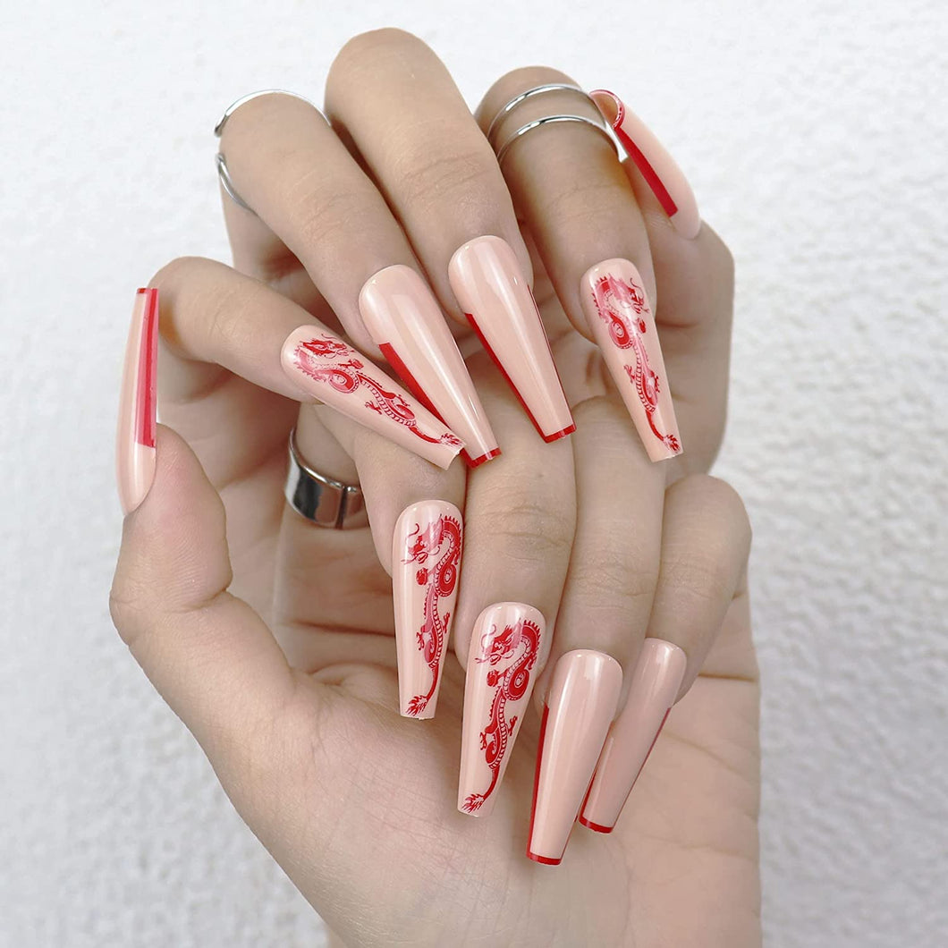 Red Dragon Coffin Shape Press On Nails