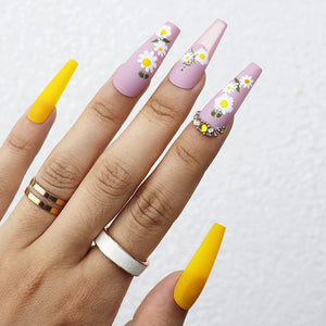 Pink & Yellow Extra Long Coffin Shape Daisy Press On Nails