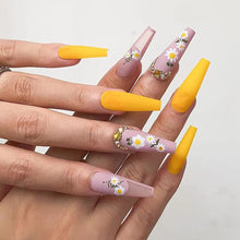 Load image into Gallery viewer, Pink &amp; Yellow Extra Long Coffin Shape Daisy Press On Nails