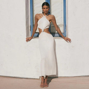 Sexy Knit White Cut Out Backless Halter Maxi Dress