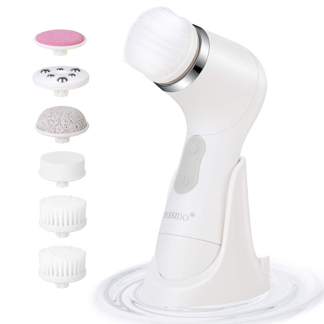 Waterproof Spinning Facial Cleansing Brush Set with Holder and 6 Brush Heads for Gentle Exfoliation, Deep Cleansing, and Massaging