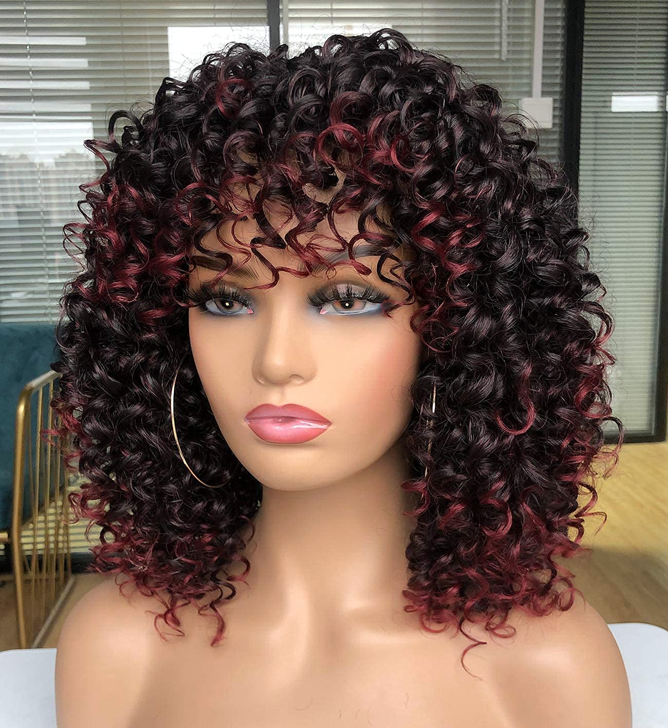 Tina Afro Kinky Ombre Burgundy Curly Wig with Bangs – Bella Chic Hair ...