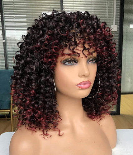 Tina Red Burgundy Ombre Curly Wig With Bangs
