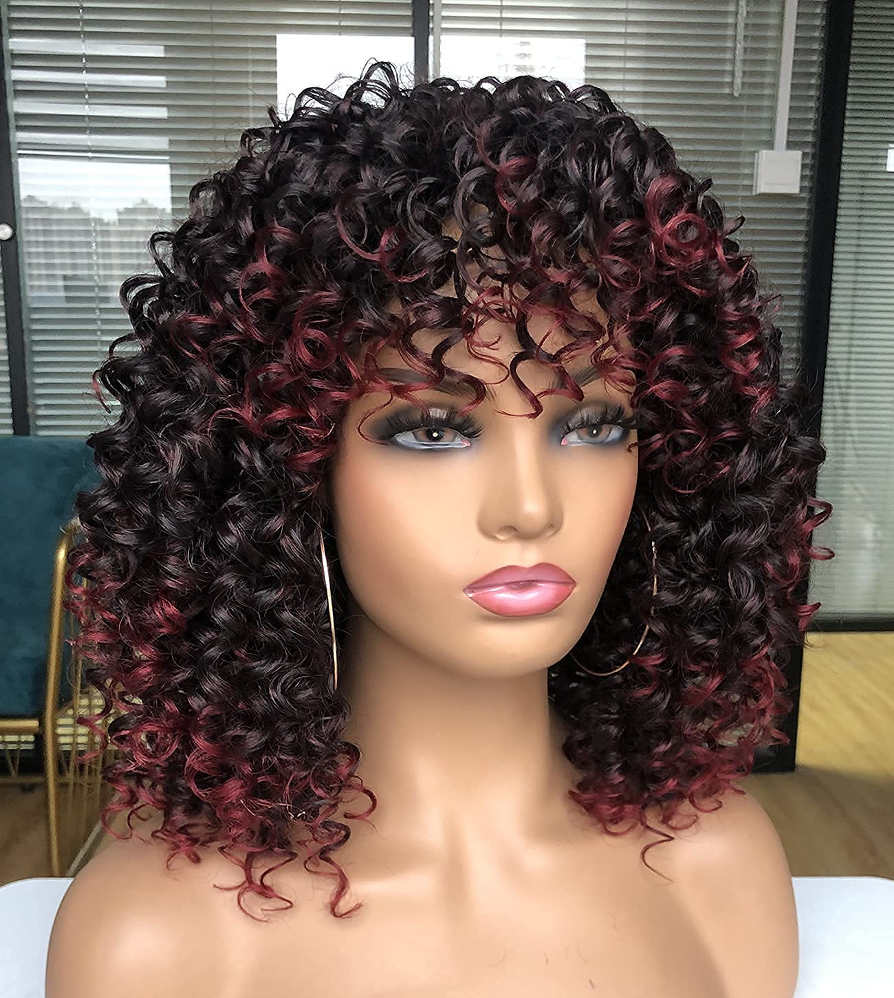 Tina Afro Kinky Ombre Burgundy Curly Wig with Bangs – Bella Chic Hair ...