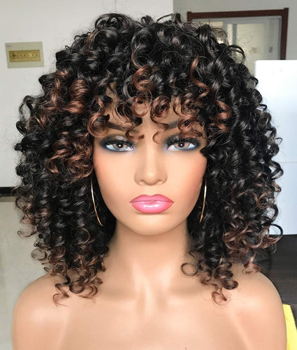 Candiace Curly Blonde& Brown Highlights Wig with Bangs