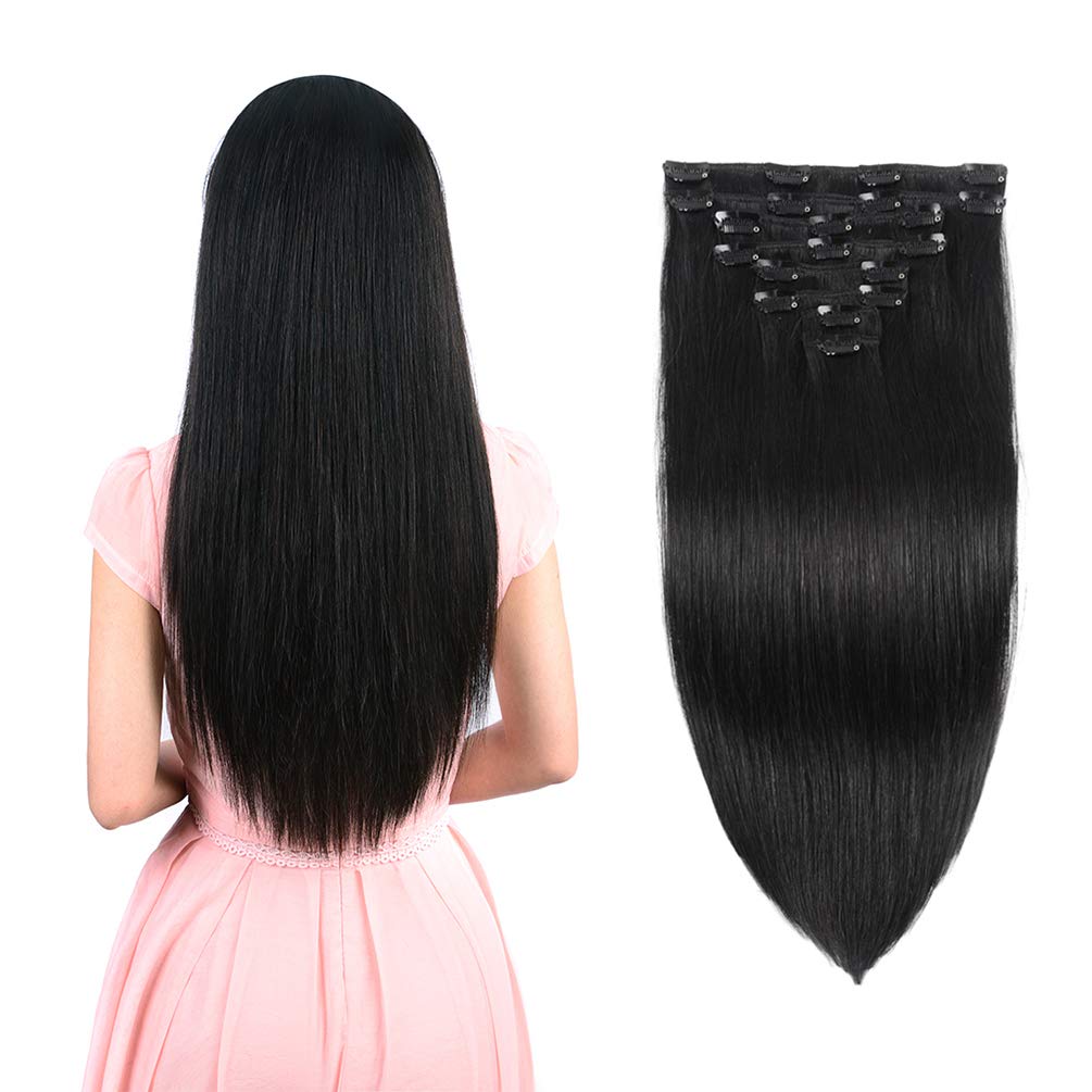 Selena 12-20 Inches Jet Black Double Weft Straight Human Hair Clip-In Extensions