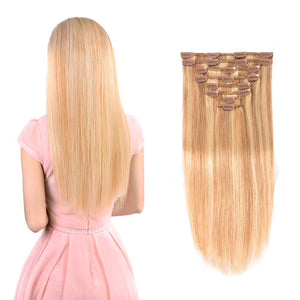 Heather 14 Inches Blonde With Highlights Double Straight Human Hair Clip-In Extensions