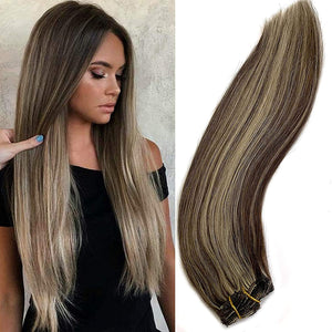 Kelsie Brown with Blonde Highlights Silky Straight Human Hair Clip-In Extensions