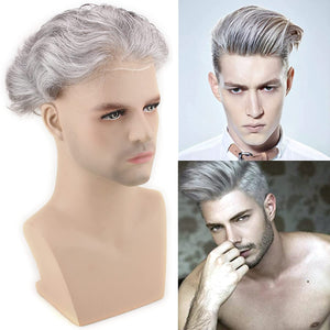 White & Gray 20/80 Percent 6 Inches Straight European Human Hair Lace Front Toupee for Men