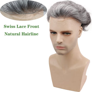 Mixed White and Gray 6 Inches Straight European Human Hair Lace Front Toupee for Men