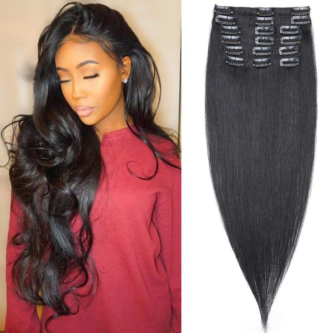 Jet Black Straight Human Hair 18-20 Inches Clip-In Hair Extensions