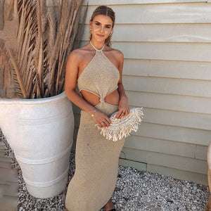 Sexy Knit Beige Cut Out Backless Halter Maxi Dress