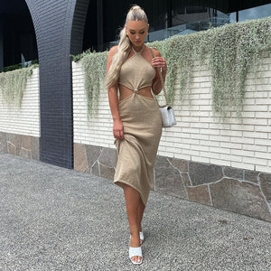 Sexy Knit Beige Cut Out Backless Halter Maxi Dress