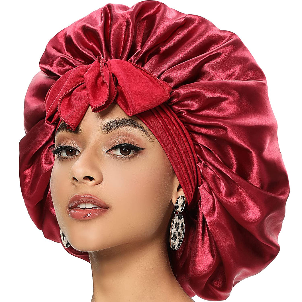 Bella Chic Wine Red Silky Satin Bonnets w/ Stretchy Tie Band