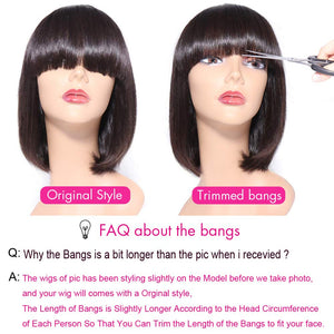 Ebony Human Hair China Bangs 10-14 Inches Short Bob Wig