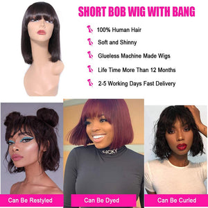 Ebony Human Hair China Bangs 10-14 Inches Short Bob Wig