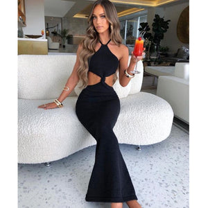 Sexy Black Knit Cut Out Backless Halter Maxi Dress