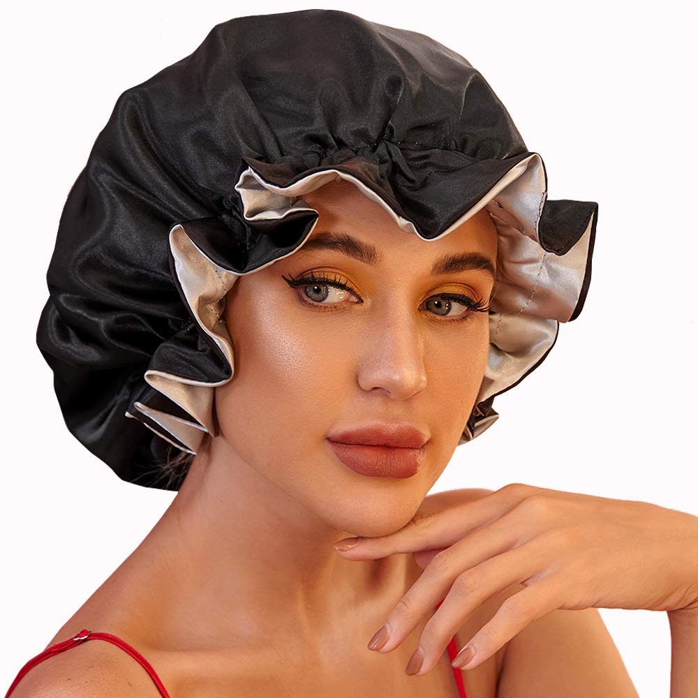 Bella Chic Black Silky Satin Double-Lined Bonnets