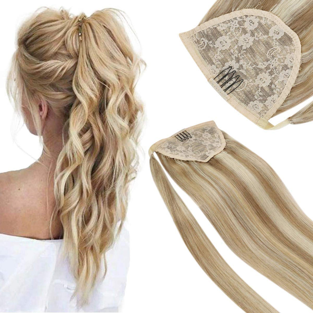 Whitney Beach Blonde With Brown Highlights Human Hair Wrap Around Ponytail Extension