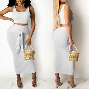 White Sleeveless Crop Top & Bodycon Skirts Set