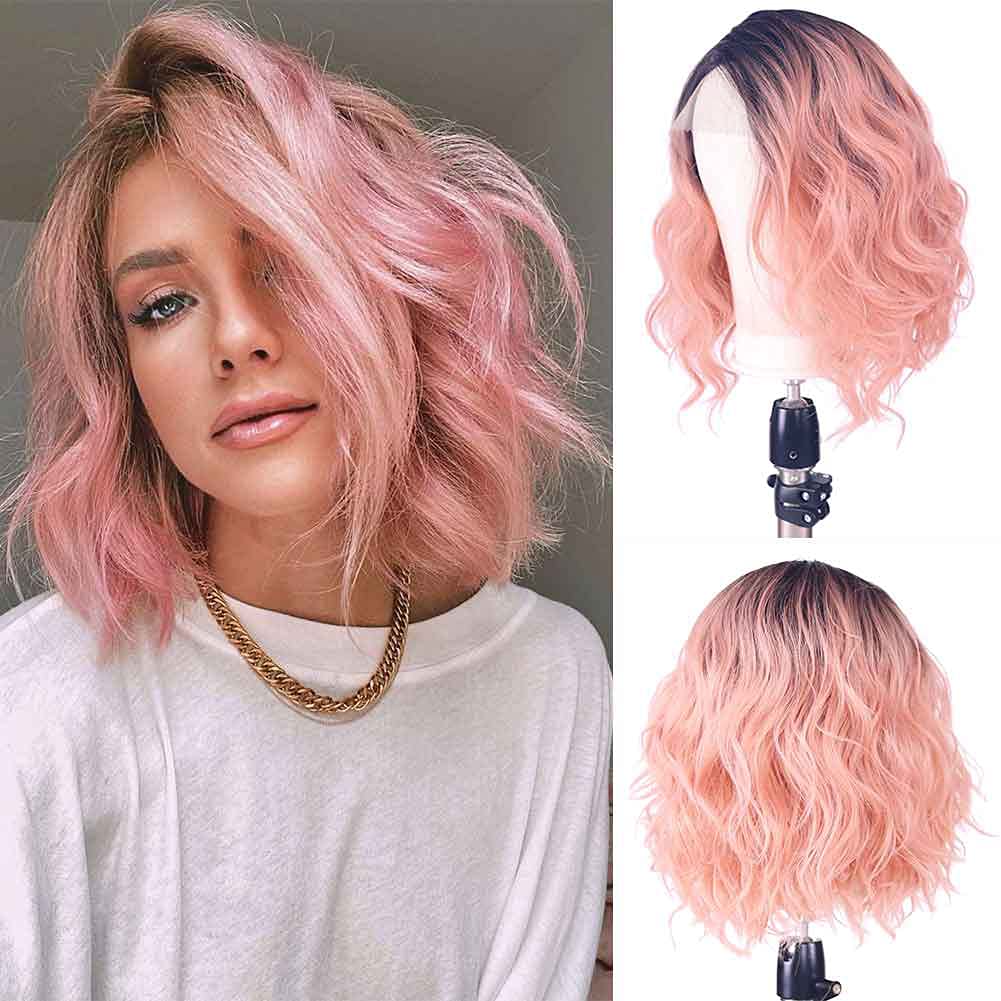 Ellen Rose Pink 12 Inch Natural Wavy Lace Front Wigs