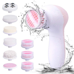 Cute Pink Electric Waterproof Facial Cleansing Brush with 9 Heads for Exfoliating, Massaging, and Deep Cleansing
