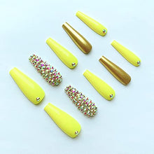 Load image into Gallery viewer, Yellow Sparkle 24 Pcs Coffin Shape Long Press-On Nails With Rhinestones