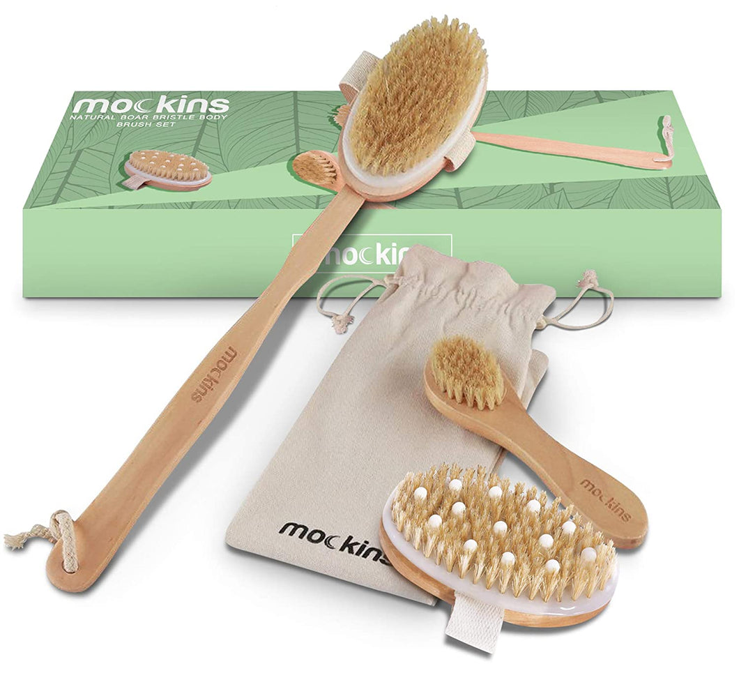Natural Boar Bristle Dry Brush Set with Long Wooden Brush, Hand Brush, Face Brush, and Storage Bag
