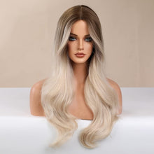 Load image into Gallery viewer, Natalia Platinum Blonde &amp; Dark Roots Wavy Synthetic Wig