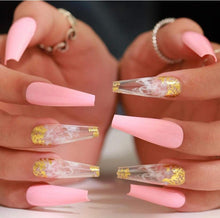 Load image into Gallery viewer, Pink &amp; White Marble Inspired Gold Press on Nails
